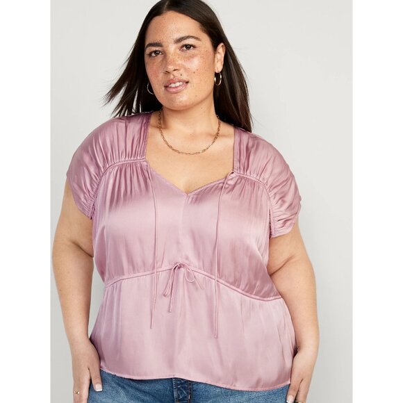 Old Navy Tops - Old Navy Size XXL Waist-Defined Satin Shirred Tie-Front Short Sleeve Blouse Pink
